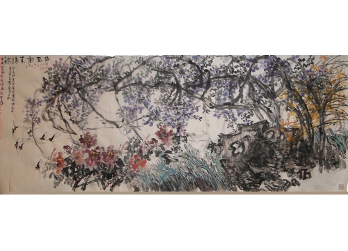 现场作花鸟画《紫气东来》3.96mX1.48m